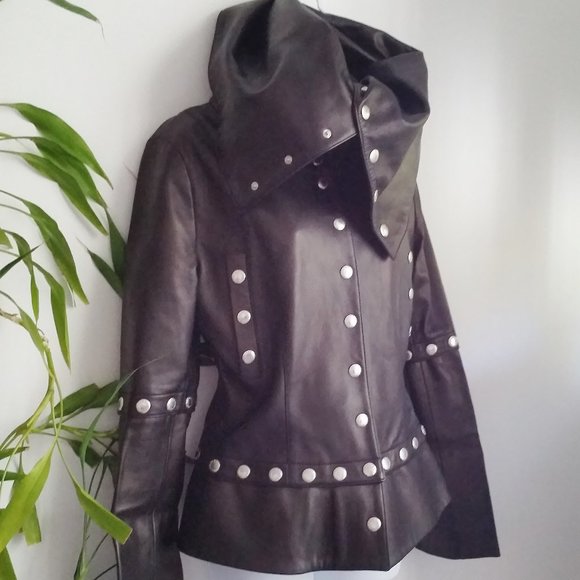 Y2K Dolce & Gabbana Convertible Soft Black Leather Jacket, Oversized Collar - Picture 1 of 12